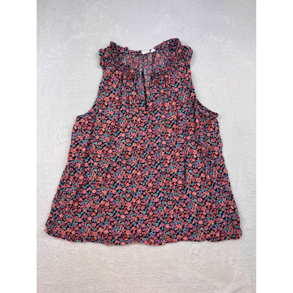 Gap Womens Floral Sleeveless Blouse Ruffle Split Neck Multi Color Cotton Rayon L